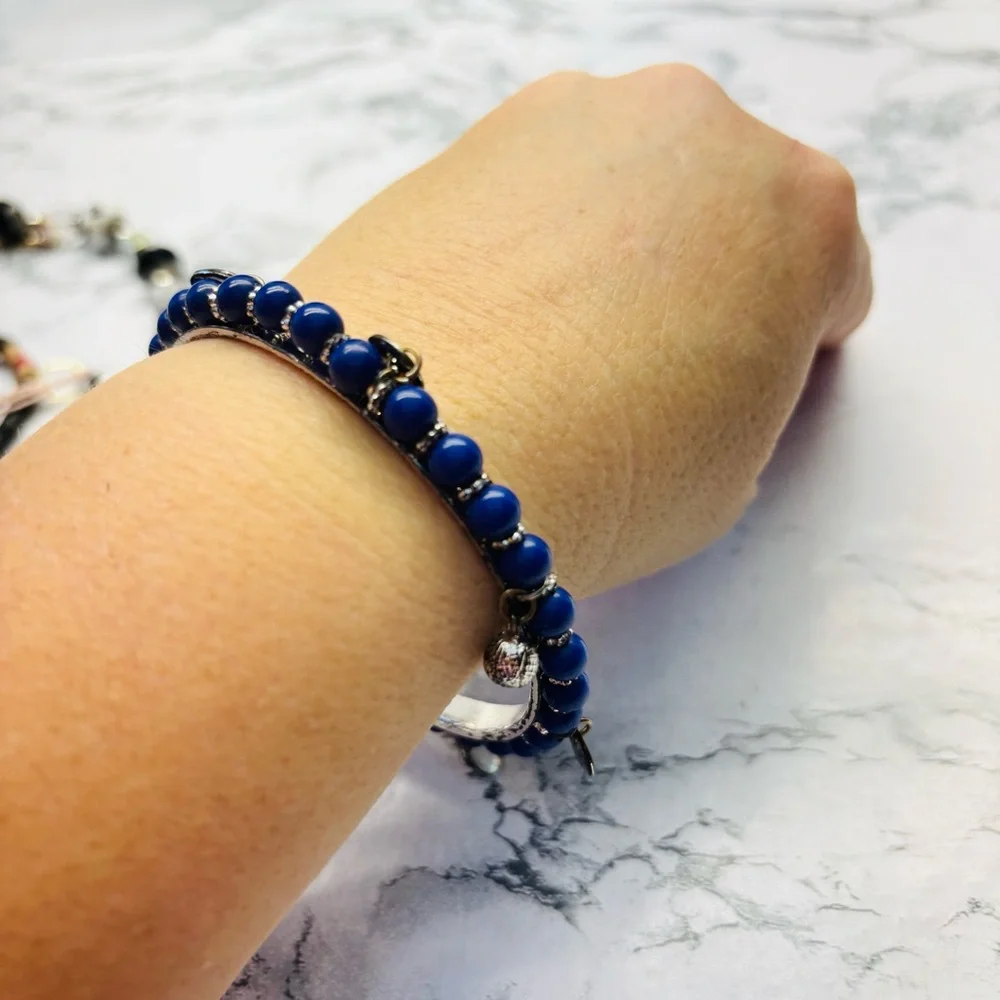 Silver and Blue Beaded Charm Bracelet